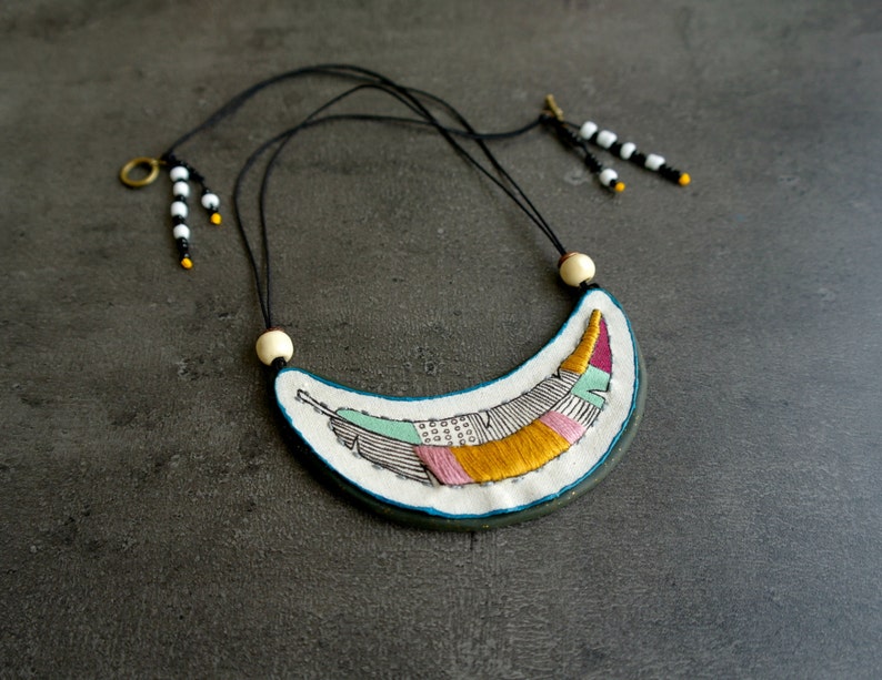 Embroidery pendant feather necklace, crescent necklace textile bib necklace feather pendant, embroidery necklace, hand painted necklace fimo image 2