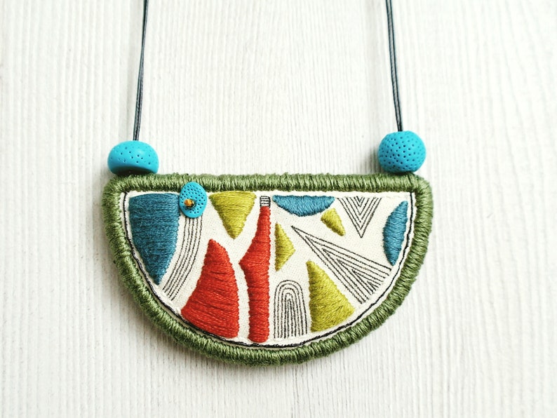 Fabric necklace with embroidered pendant, embroidery bib necklace, colorful, joyful and bold textile art jewelry, collar necklace gift image 1