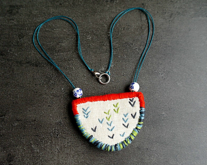 Contemporary embroidery jewelry, collar necklace, beaded necklace, colorful fabric necklace, hand embroidered necklace, jewelry gift for her image 8