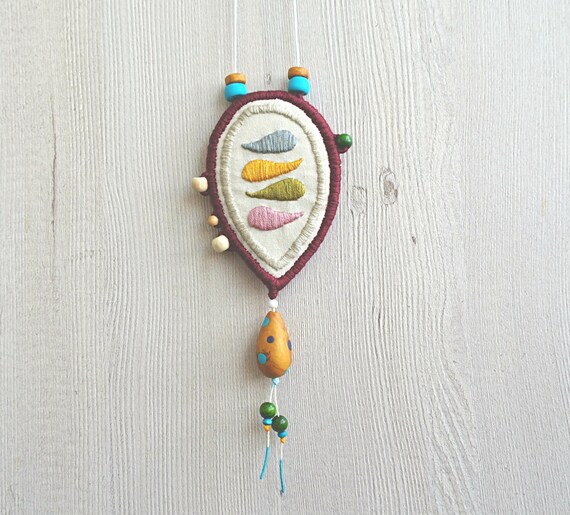 Modern Embroidery Necklace Boho Necklace Embroidered Pendant