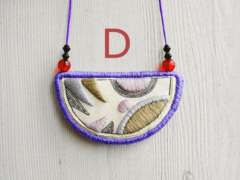 Hand embroidered bib necklaces, Fabric art necklaces, half moon pendant, geometric pattern textile statement everyday jewelry, gift for her Necklace D