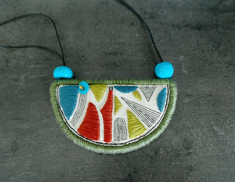 Fabric necklace with embroidered pendant, embroidery bib necklace, colorful, joyful and bold textile art jewelry, collar necklace gift image 2