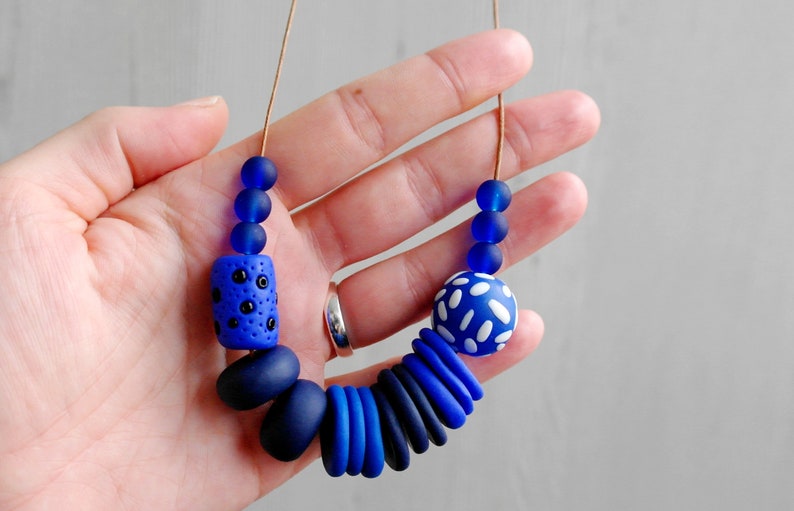 Minimalist necklace, geometric polymer clay necklace, shades of blue stacked necklace, everyday necklace, fimo jewelry, simple long necklace image 2