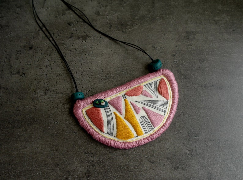 Fabric necklace embroidered bib necklace,original jewelry, embroidered pendant handstitched, textile jewelry, hand drawn necklace statement image 2