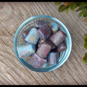 May include: A clear glass bowl filled with tumbled stones. The stones are a mix of colors, including blue, purple, and brown. The bowl sits on a weathered wooden surface, with green foliage in the background.