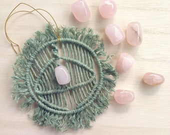 Rose quartz Self care healing gift Micro macrame talisman Self love amulet Small pink quartz stone Heart chakra Green Car charm for her