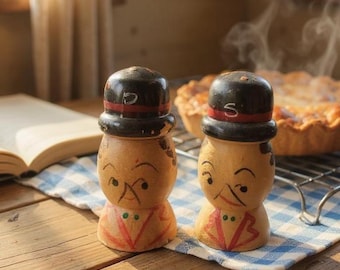 Asian Collectable salt and pepper shakers Hand carved Miniature Japan Top Hat man Tiny wooden dispensers Hand painted