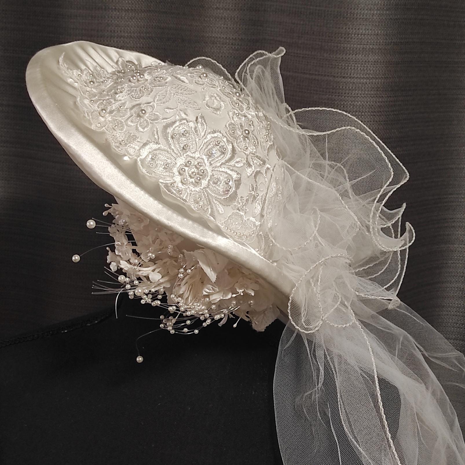 Vintage 80s 90s Wide Brimmed Feather Ribbon Rhinestone Church Wedding Hat Large 80s Church Hat - Etsy main image 2