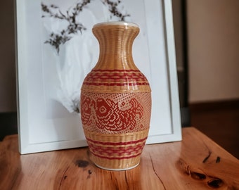 Bamboo wicker vase Koi Fish Japanese ceramic Small decorative vase Japandi style living room Single bud vase Wedding Christmas gift for her