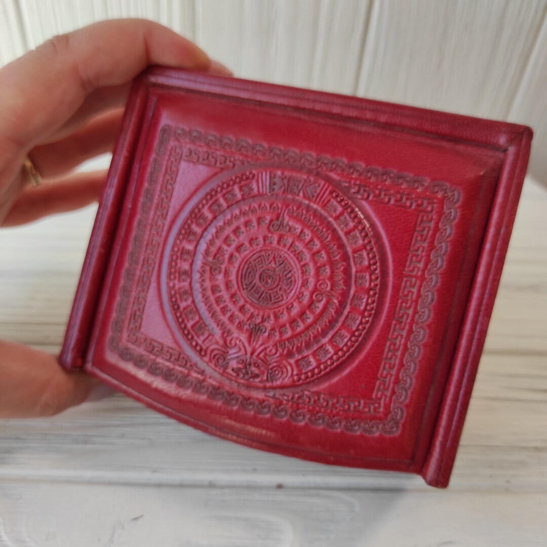 Vintage Red Leather Box Tolled Jewelry Box Mexican Aztec Gift Box