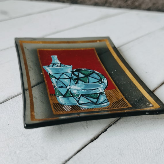 Vintage dark glass trinket Mid century Hand paint… - image 3