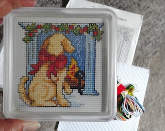 Needlepoint Kit for DIY Christmas coasters Miniature dog puppy Cross Stitch lovers gift for festive home decor Easy craft for beginner