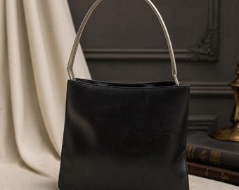 Vintage Prada 90s Archive Black Leather Shoulder Bag with Metal Handle Made in Italy Rare Designer Purse