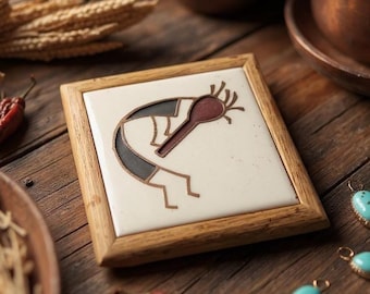 Vintage Framed Kokopelli Ceramic Tile, Southwest Boho Wall Art
