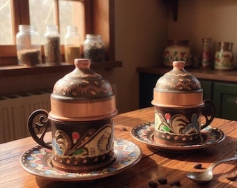 Couples Turkish coffee cups with saucer Porcelain insert Copper holders Intricate ornate design Coffee culture ritual Ethnic wedding gift