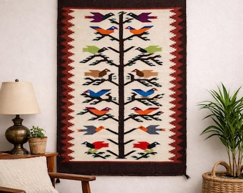 Vintage Folk Art Tree of Life Rug with Birds Handwoven Southwestern Wool Textile – Rustic Cabin Wall Hanging –  27x41