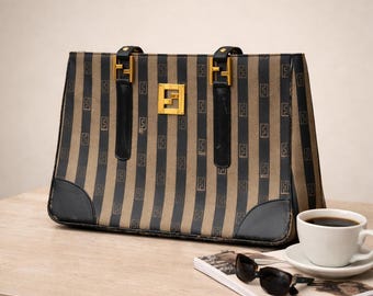 Vintage 80s 90s Fendi Pequin Stripe Tote FF Logo Brown Canvas Leather Authentic Italy