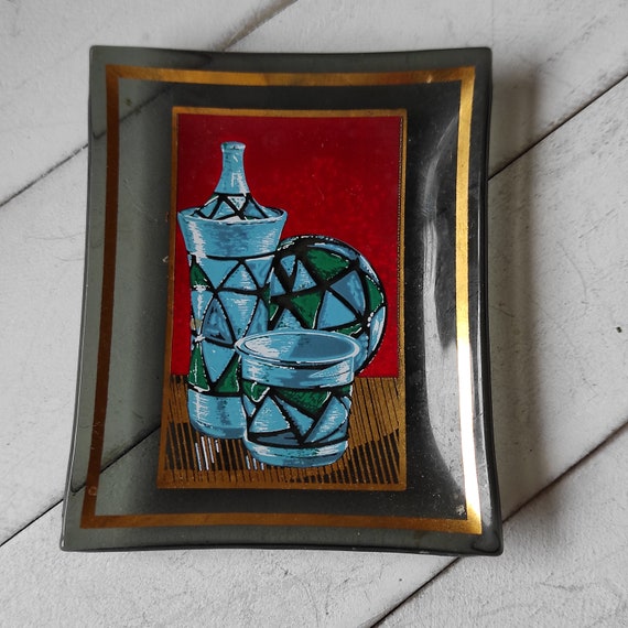 Vintage dark glass trinket Mid century Hand paint… - image 5