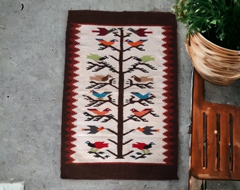 American Indian Wall Hanging Native Navajo Wool Rug 27 X 41 Handwoven Tree of Life Wall Tapestry Singing Birds Small Rug Etsy