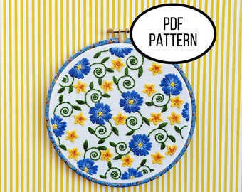 Hand Embroidery PDF Pattern. Spinning Floral Design Digital Download. Simple Easy Beginner Blue/Yellow Floral Embroidery for DIY Home Decor.
