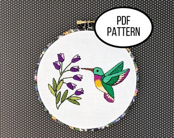 Hand Embroidery PDF Pattern. Hummingbird Garden Design Digital Download. Simple Easy Beginner Hummingbird Embroidery for DIY Home Decor.