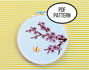 Hand Embroidery PDF Pattern. Cherry Blossom Time Design Digital Download. Simple Easy Beginner Embroidery for DIY Home Decor.
