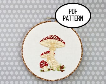 Hand Embroidery PDF Pattern. Mushroom Patch Design Digital Download. Simple and Easy Embroidery of Mushrooms for Home Decor Wall Art.