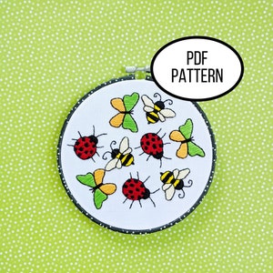 Hand Embroidery PDF Pattern. Bug Alert Design Digital Download. Simple and Easy Embroidery of Bees Butterflies and Lady Bugs Decor Wall Art.