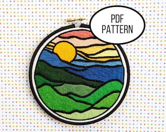 Hand Embroidery PDF Pattern. Stained Glass Sunrise Design Digital Download. Simple Easy Beginner Sunrise Landscape Embroidery Home Decor.