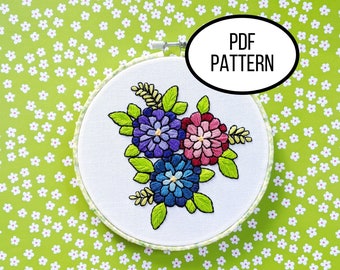 Hand Embroidery PDF Pattern. Blooming Jewels Design Digital Download. Simple and Easy Embroidery of Bright Flowers  for Home Decor Wall Art.