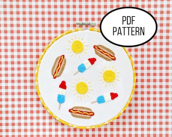 Hand Embroidery PDF Pattern, Summer Fun Design Digital Download, Easy Beginner Sun, Hot Dog, Popsicle, BBQ Embroidery for DIY Home Decor.