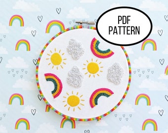 Hand Embroidery PDF Pattern, Forecast Calls for Rainbows Design Digital Download, Simple and Easy Beginner Embroidery for DIY Home Decor