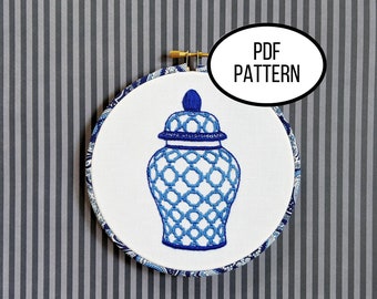 Hand Embroidery PDF Pattern. Ginger Jar Design Digital Download. Simple and Easy Embroidery of Blue and White Jar for Home Decor Wall Art.