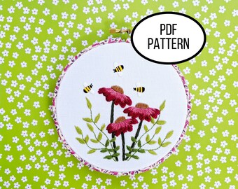 Hand Embroidery PDF Pattern, Blooms and Bees Design Digital Download, Easy Beginner Floral Embroidery for DIY Home Decor.