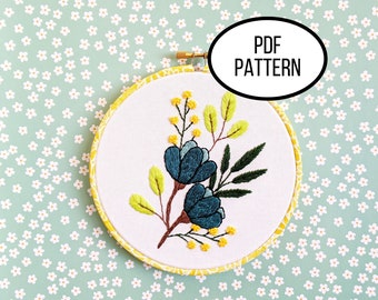 Hand Embroidery PDF Pattern. Buds and Blooms Design Digital Download. Simple and Easy Embroidery of Bright Flowers  for Home Decor Wall Art.