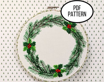Hand Embroidery PDF Pattern, Happy Holly-Day Wreath Digital Download, Christmas Design Wall Hanging, Holiday Gift Decoration and Home Decor.
