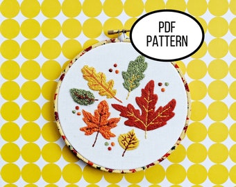 Hand Embroidery PDF Pattern, Fall Fun Design Digital Download, Simple and Easy Beginner Embroidered Textured Fall Leaves for DIY Home Decor