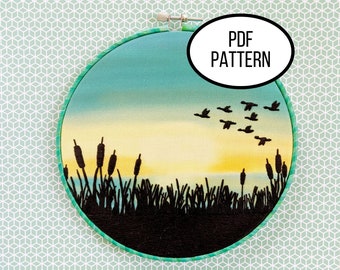 Hand Embroidery PDF Pattern. Flying Geese Silhouette Design Digital Download. Simple and Easy Beginner Sunset Embroidery for Home Decor