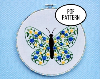 Hand Embroidery PDF Pattern. Butterfly Blooms Digital Download. Beginner Simple Easy Beginner Embroidery Butterfly and Flowers Home Decor.