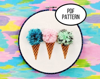 Hand Embroidery PDF Pattern. Ice Cream Party Design Digital Download. Simple and Easy Whimsical Ice Cream Cone Embroidery for Home Decor