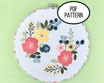 Hand Embroidery PDF Pattern. Blooming Beauty Digital Download. Simple Easy Beginner Botanical Flower Embroidery Scene for DIY Home Decor.