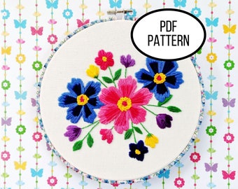 Hand Embroidery PDF Pattern. Bright Blossoms Digital Download. Simple and Easy Beginner Floral Embroidery in Bright Colors for Home Decor