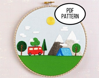 Hand Embroidery PDF Pattern. Adventure Awaits Digital Download. Simple Easy Beginner Scenic Landscape Camping Embroidery for Home Decor