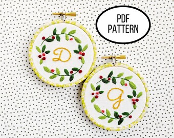 Hand Embroidery PDF Pattern, Berry Good Monogram Christmas Ornaments Pattern Digital Download, Monogram Tree Ornaments Holiday Decor