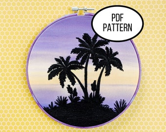 Hand Embroidery PDF Pattern. Palm Tree Silhouette Design Digital Download. Simple and Easy Beginner Sunset Embroidery for Home Decor.