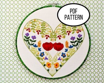 Hand Embroidery PDF Pattern. Heart of Flowers Digital Download. Simple and Easy Beginner Embroidery of Flowers Within Heart for Home Decor.