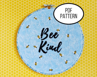 Hand Embroidery PDF Pattern. Bee Kind Digital Download. Simple and Easy Beginner Busy Bees with Sparkly Wings Embroidery for Home Decor