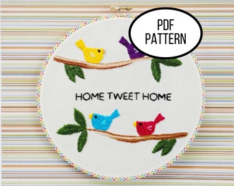 Hand Embroidery PDF Pattern. Home Tweet Home Digital Download. Simple and Easy Beginner Bird embroidery for Home or Kitchen Decor