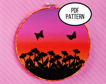Hand Embroidery PDF Pattern. Blooming Silhouette Design Digital Download. Simple and Easy Beginner Floral Sunset Embroidery for Home Decor.