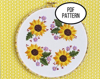 Hand Embroidery PDF Pattern. Sunflower Season Digital Download. Simple Easy Beginner Botanical Flower Embroidery Scene for DIY Home Decor.